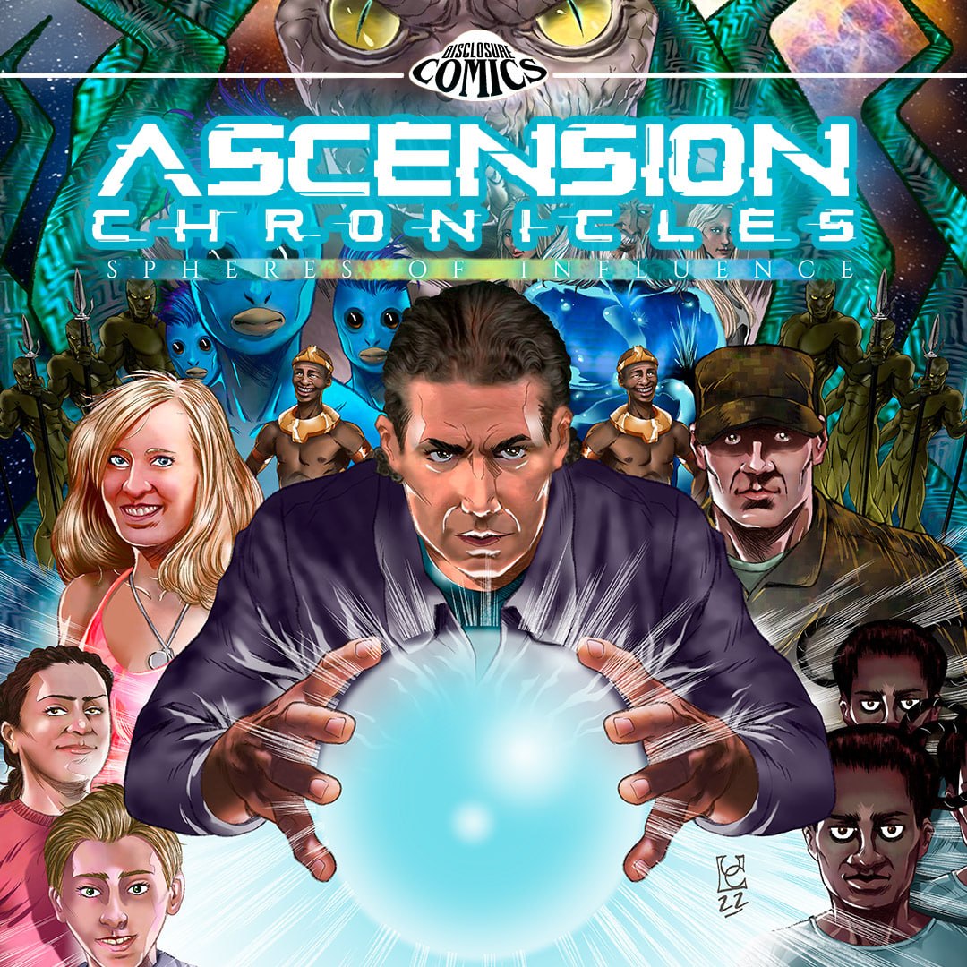 Ascension Chronicles: Spheres of Influence cover art with illustrated characters around a glowing blue sphere