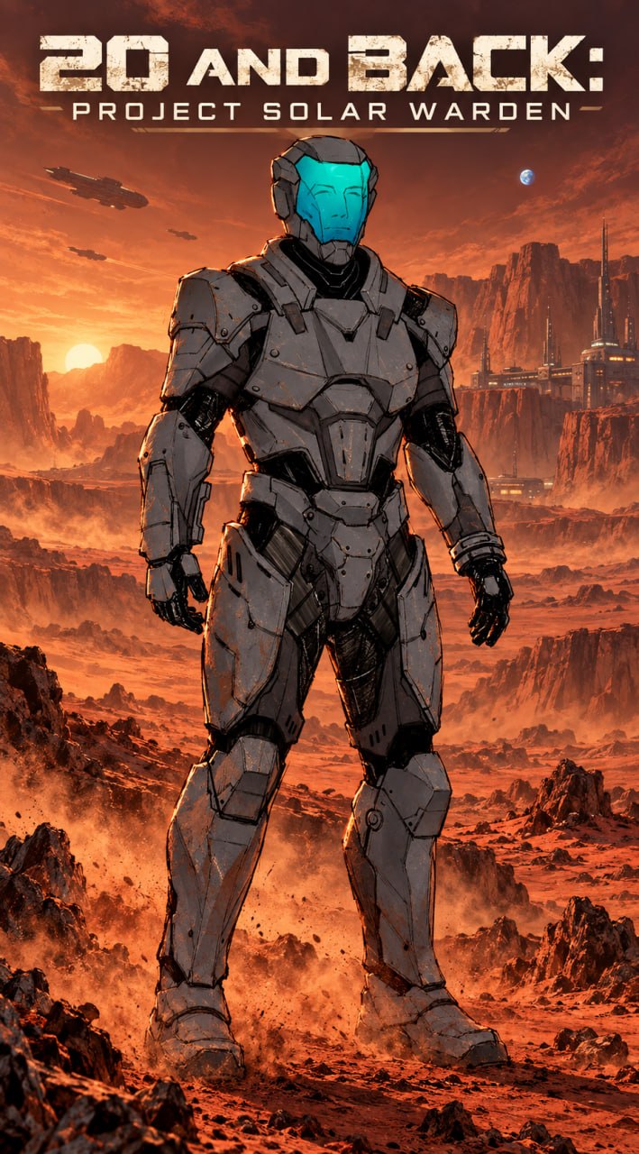 20 and Back: Project Solar Warden graphic novel poster featuring an armored figure in a desert landscape