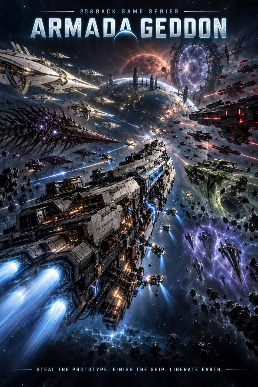ARMADA-GEDDON game poster showing the Wandering Star and opposing fleets in space