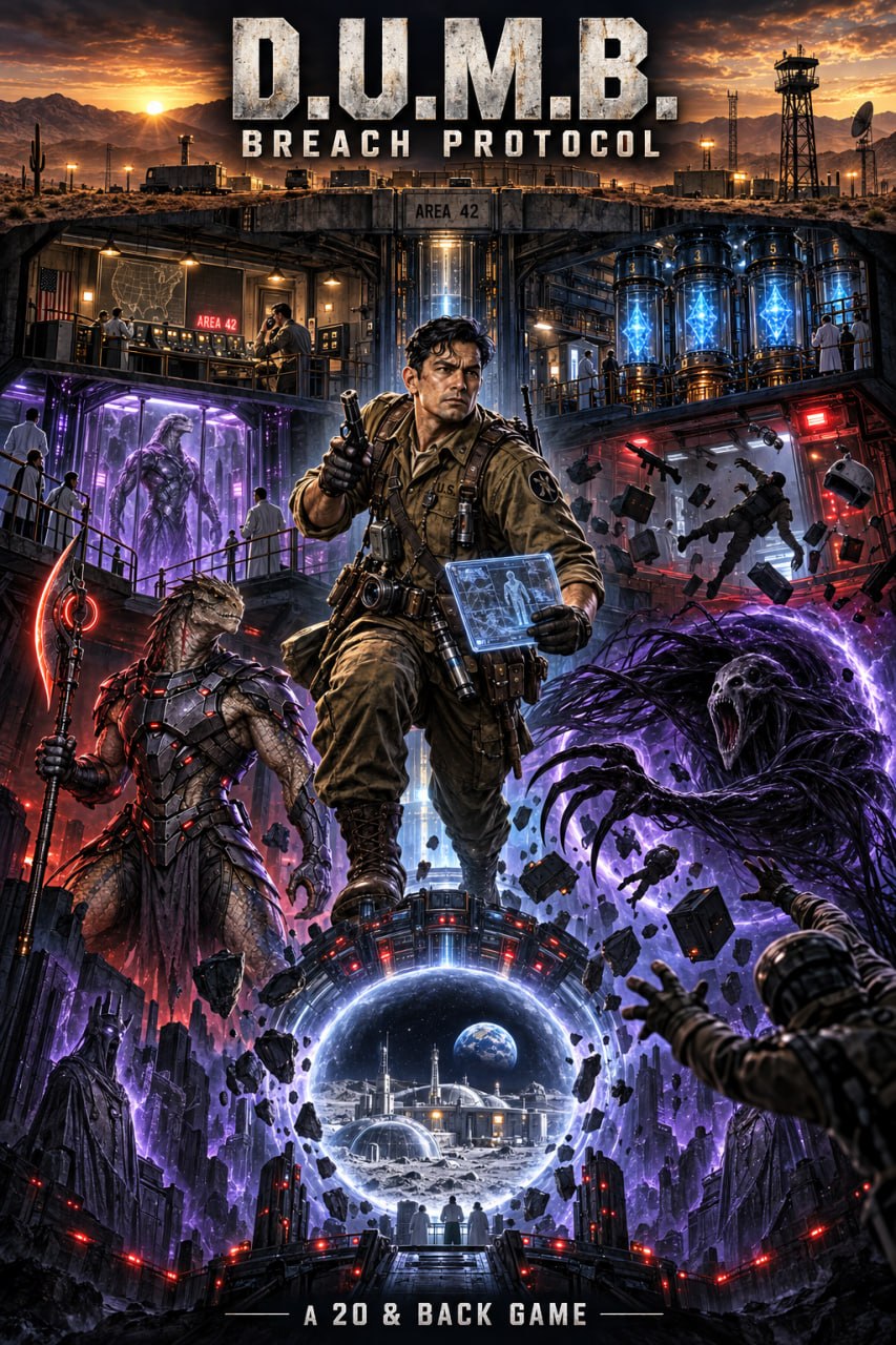 D.U.M.B. Breach Protocol game poster showing Area 42, a soldier, and a portal