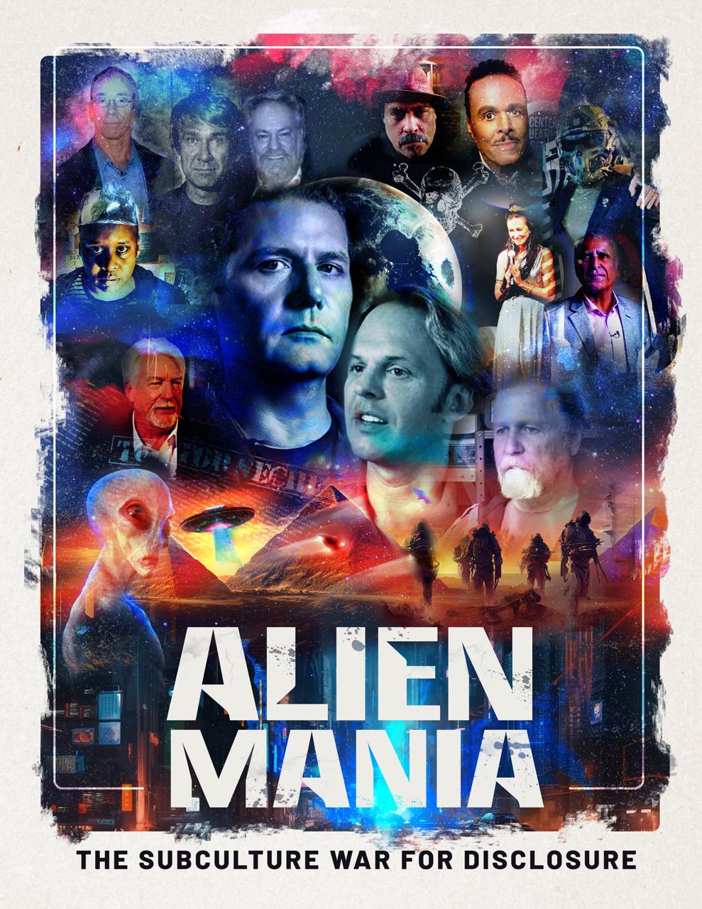 Alien Mania poster with a collage of people, UFO imagery, and an alien figure