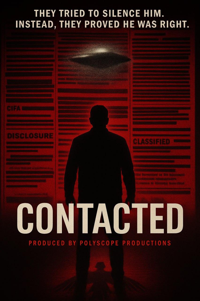 CONTACTED documentary poster with a silhouetted figure against red classified files
