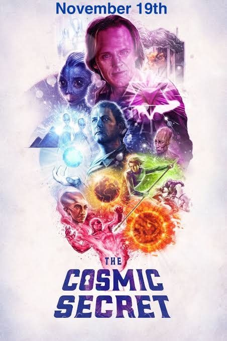 The Cosmic Secret poster with a cast montage and cosmic imagery