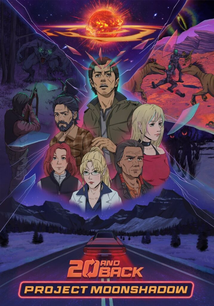 20 and Back: Project Moonshadow illustrated poster with central characters, alien worlds, and a nighttime road